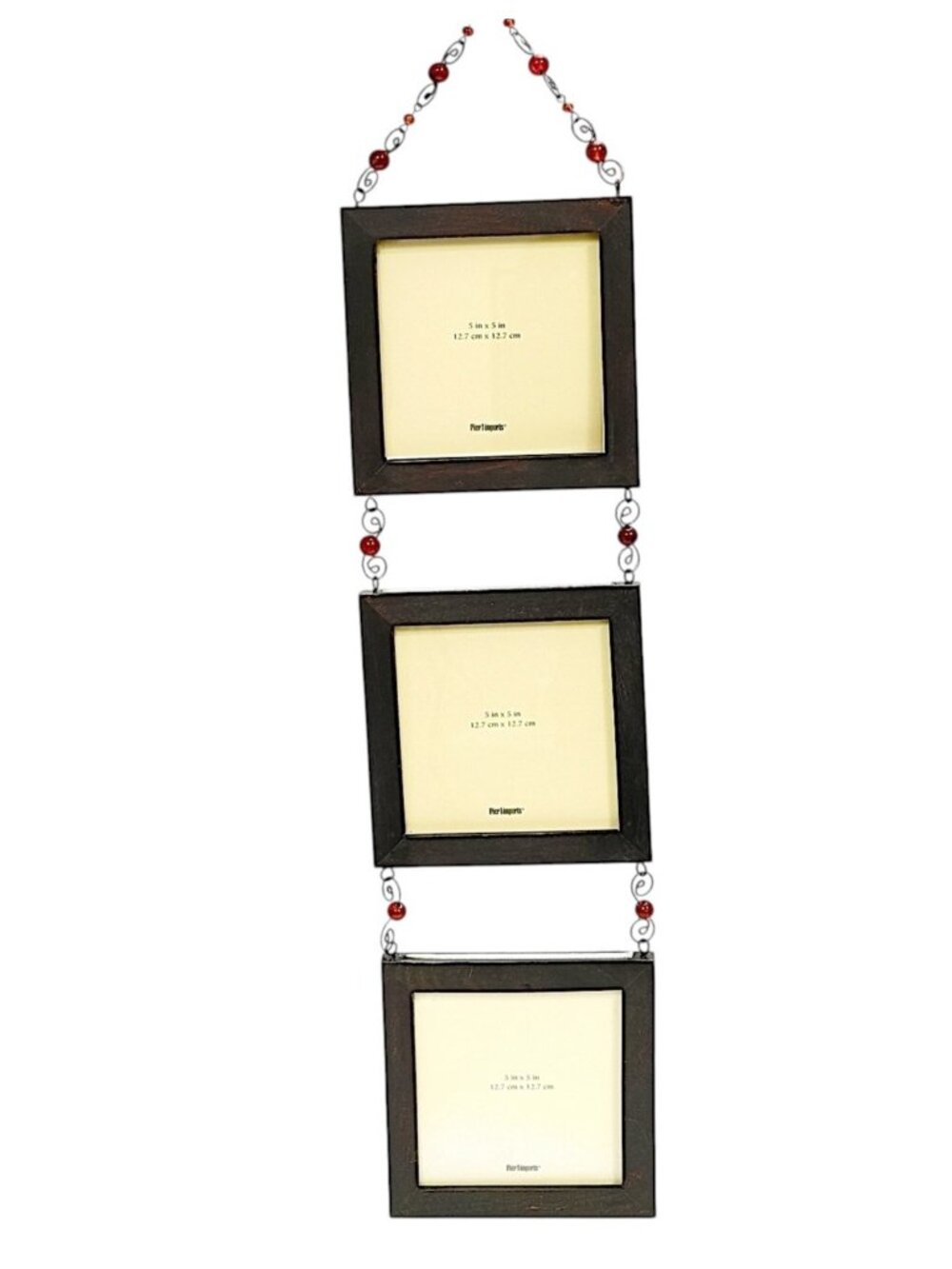 PIER 1 IMPORTS Triple Wall Frame Brown Wood Red Beads Boho Decor Hanging